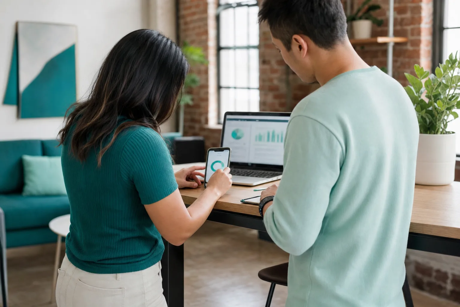 Two colleagues reviewing a phone at a standing desk in an Austin loft office