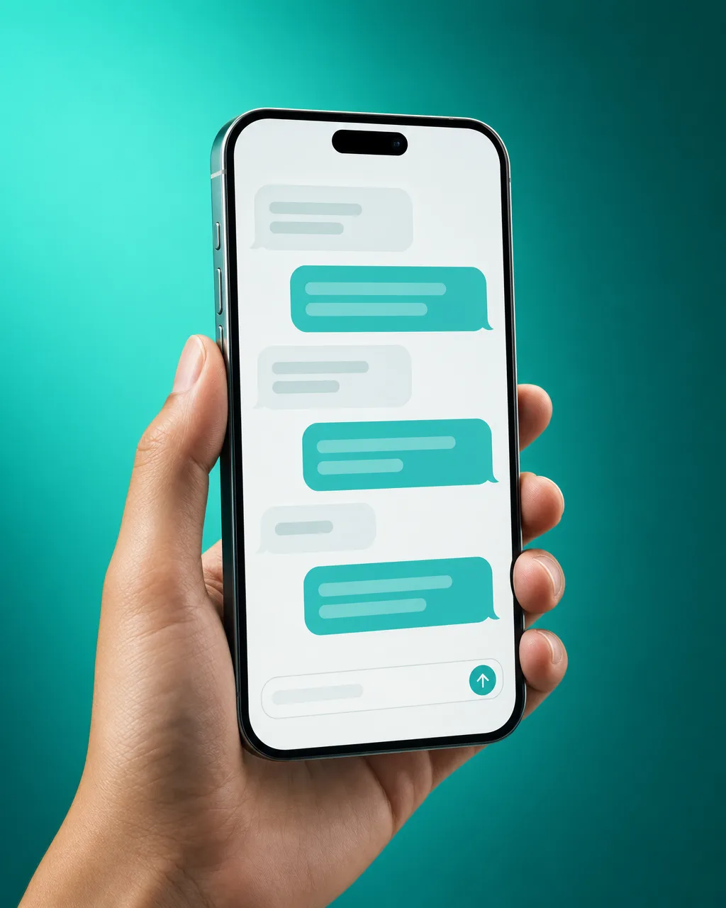 Hand holding a smartphone showing a teal SMS conversation