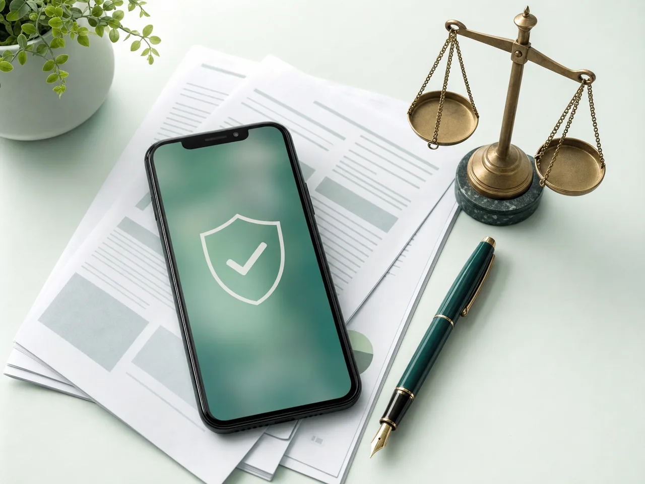 Phone on documents with a pen and balance-scale paperweight